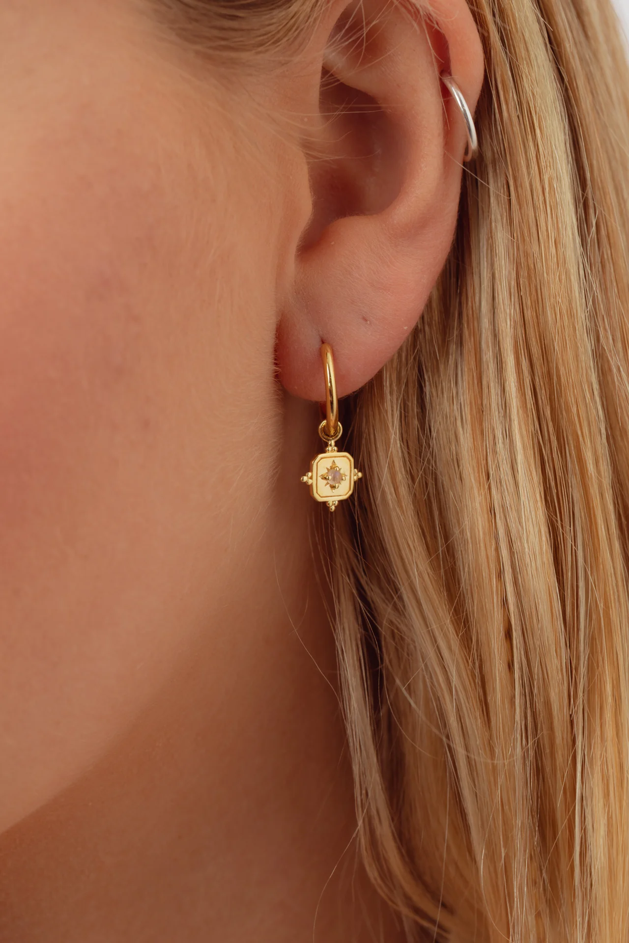 Noemi Gold Rainbow Moonstone Charm Hoops