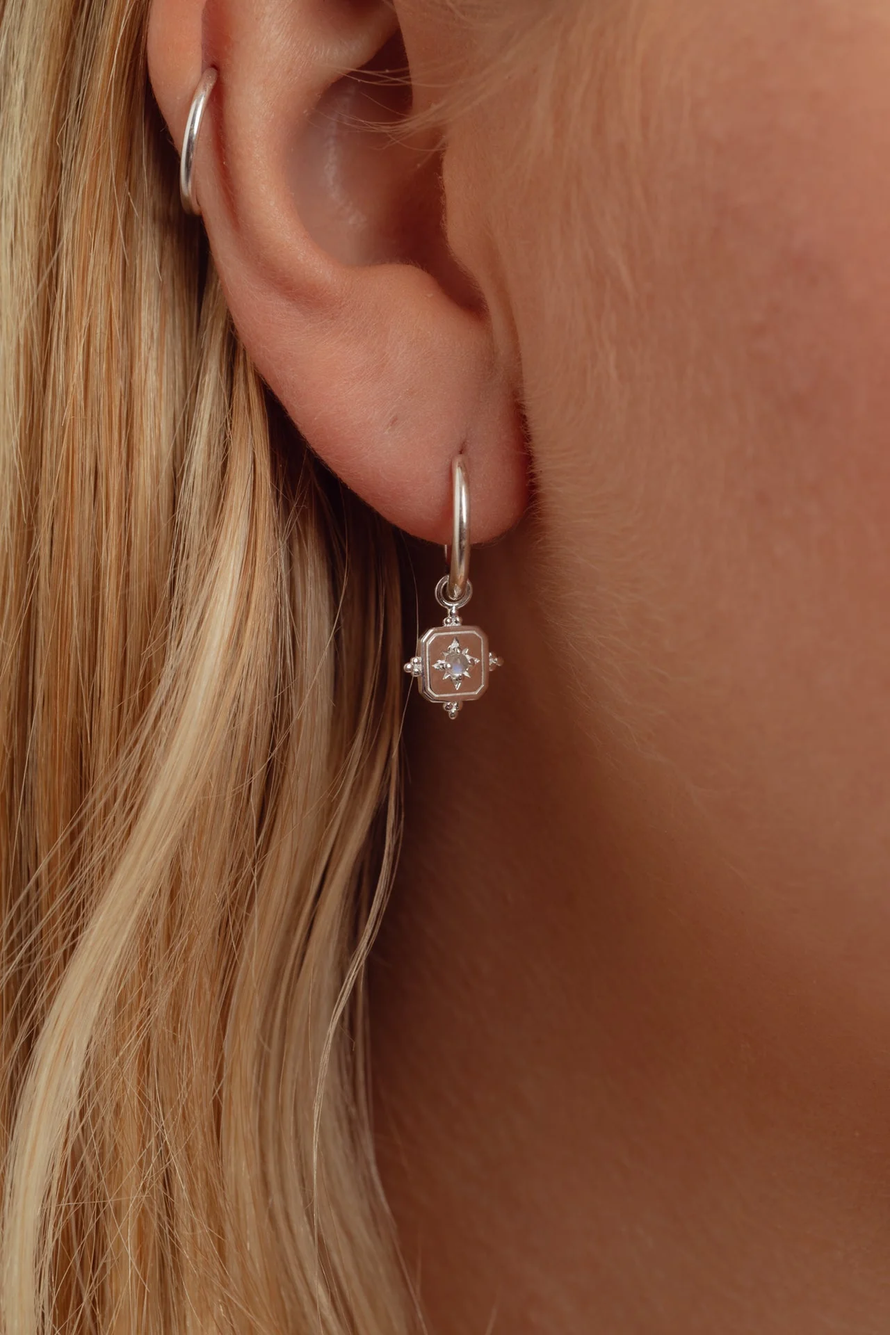 Noemi Silver Rainbow Moonstone Charm Hoops
