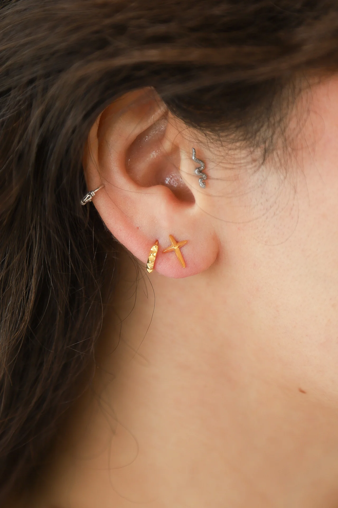 Gold Puff Cross Studs - Image 3