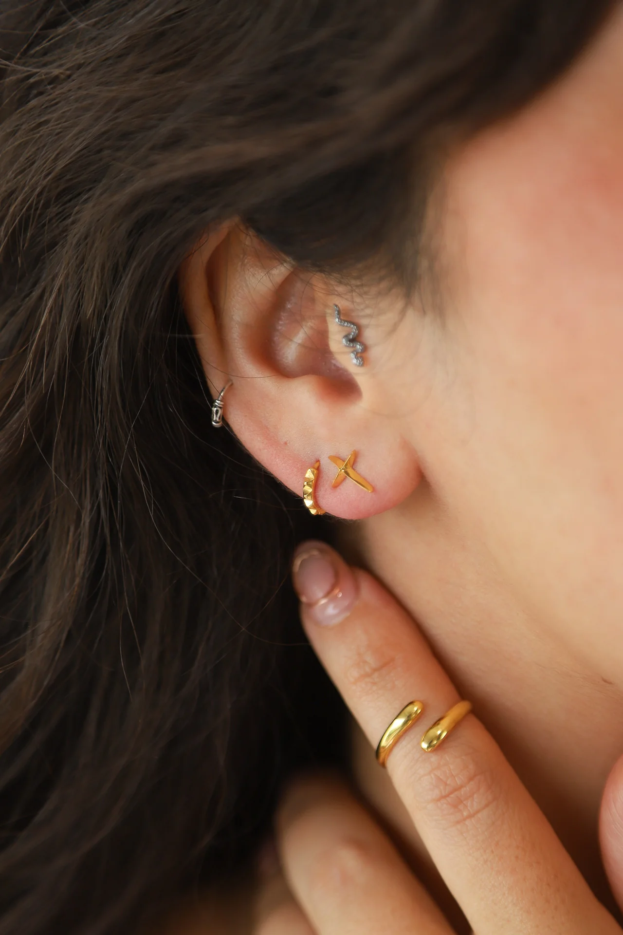 Gold Puff Cross Studs - Image 4