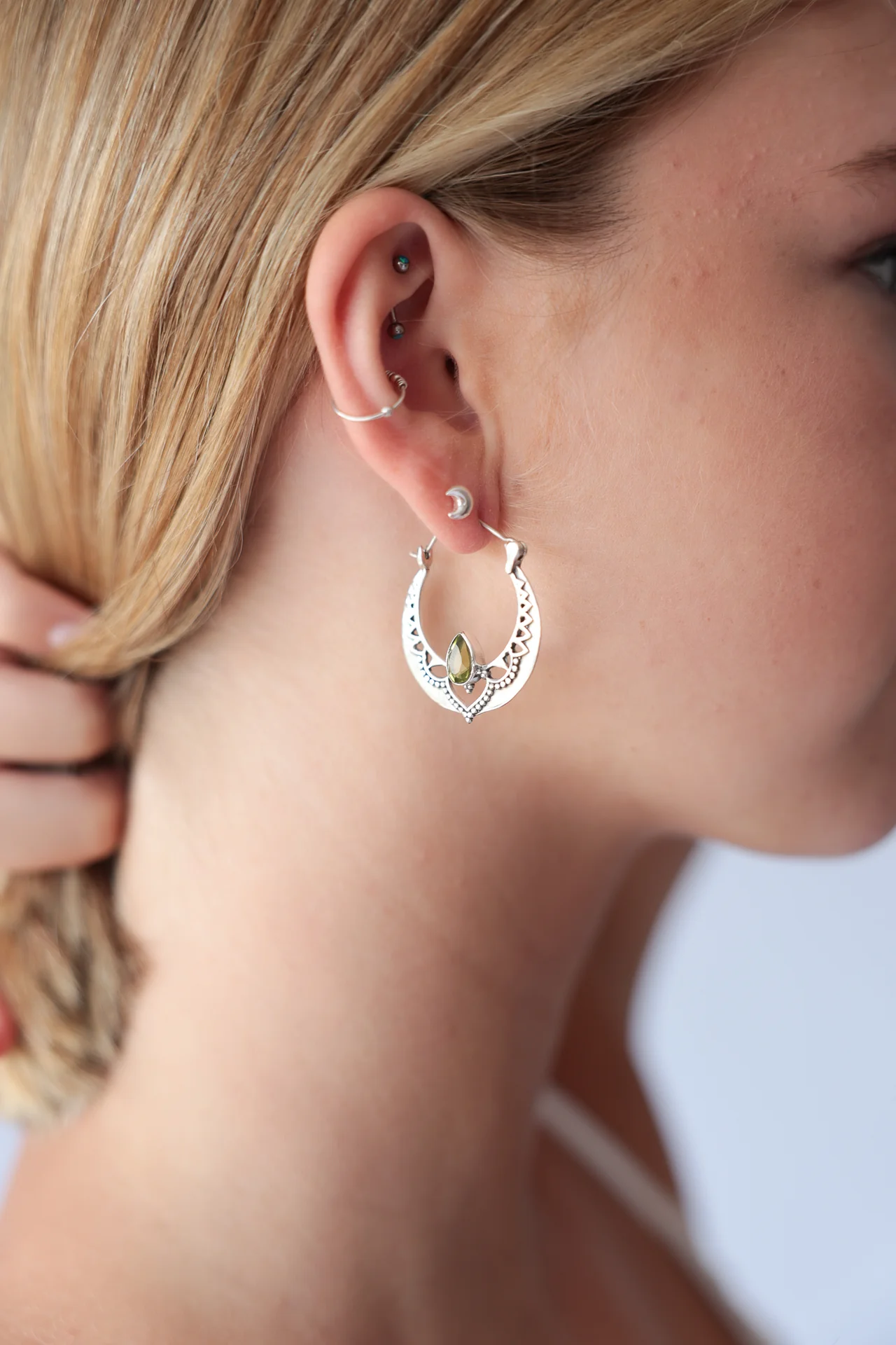 Delia Peridot Ornate Hoops - Image 2