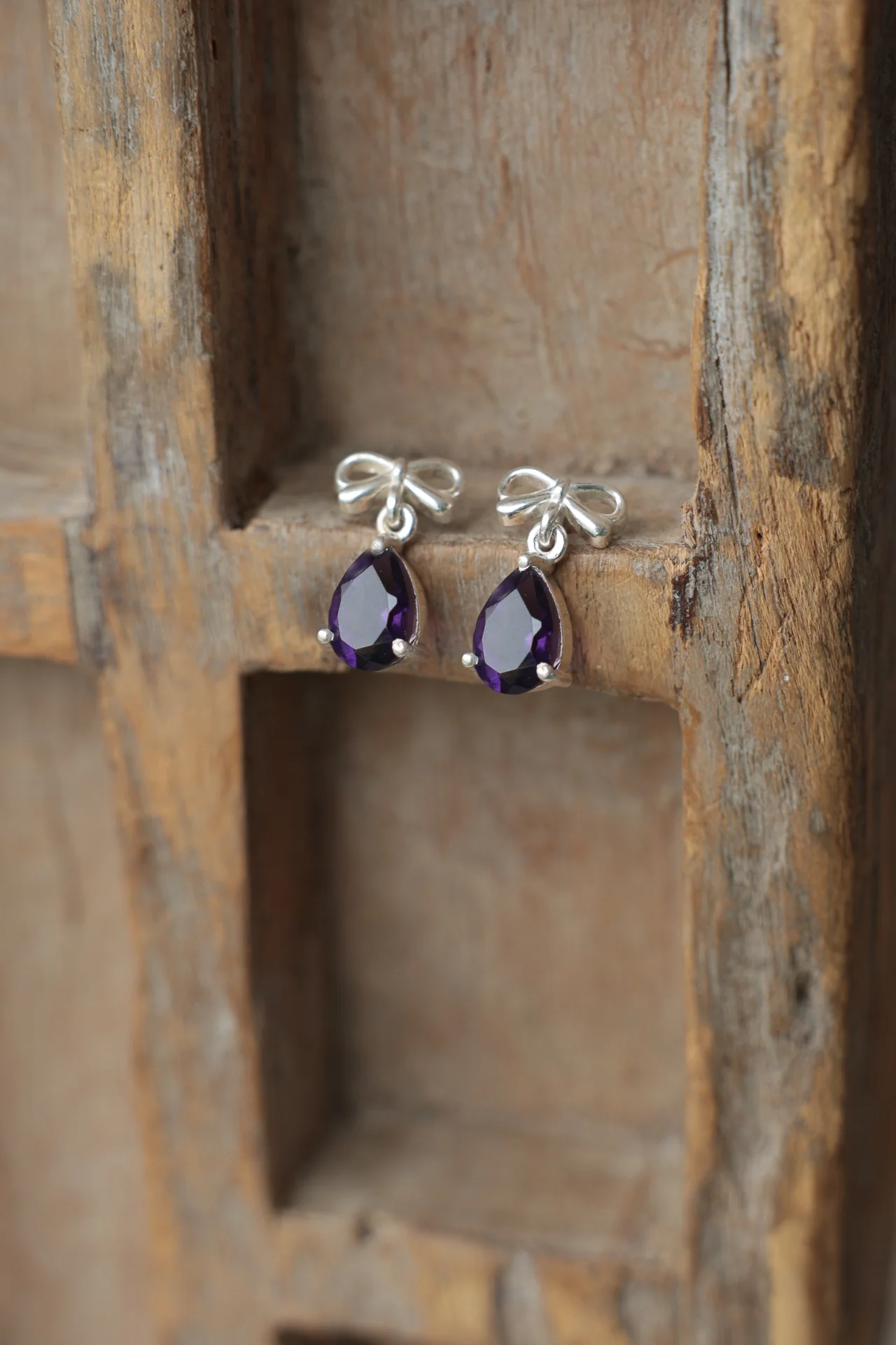 Bow Amethyst Drop Studs - Image 2