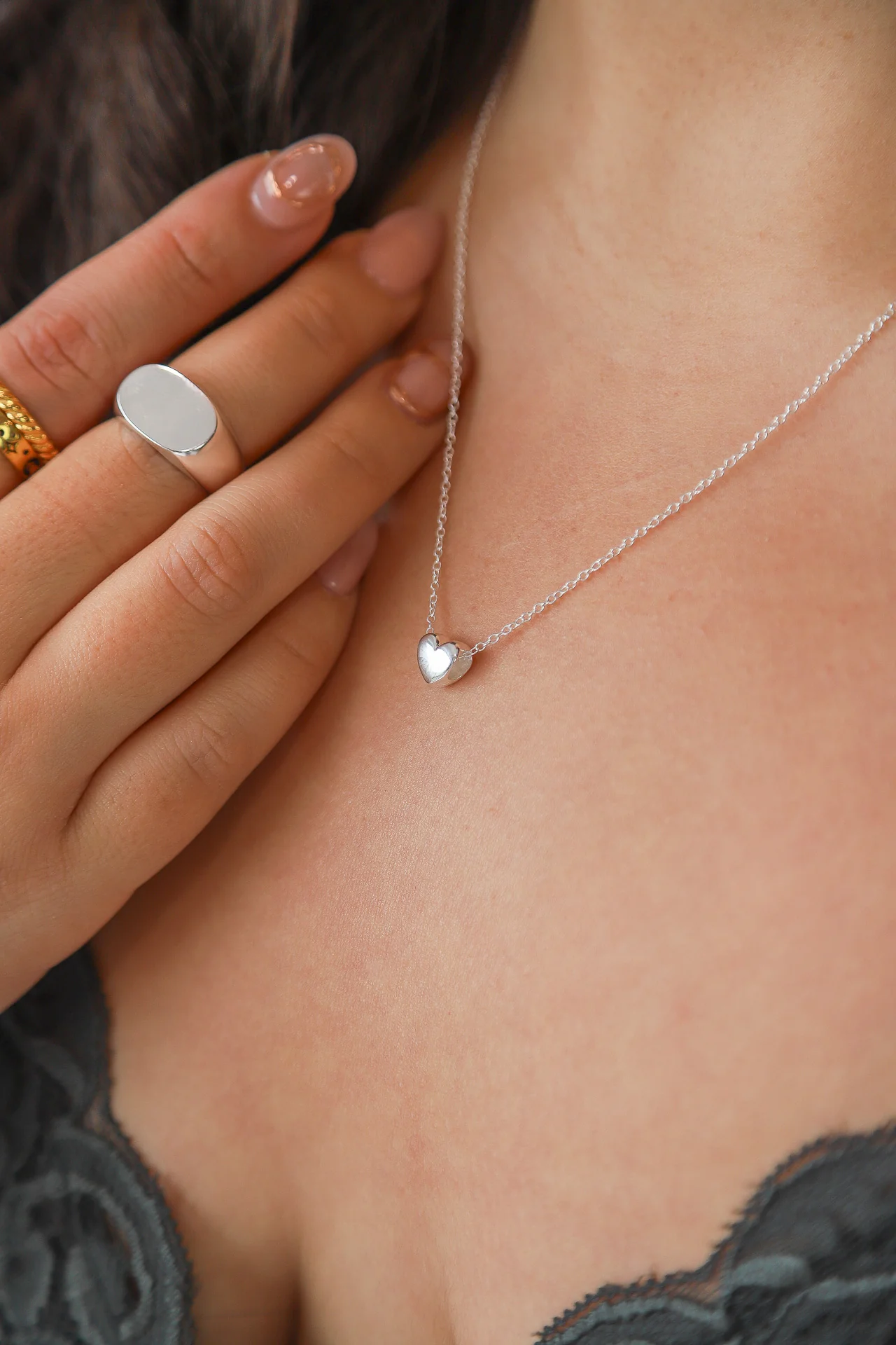 Small Silver Puff Heart Necklace - Image 2
